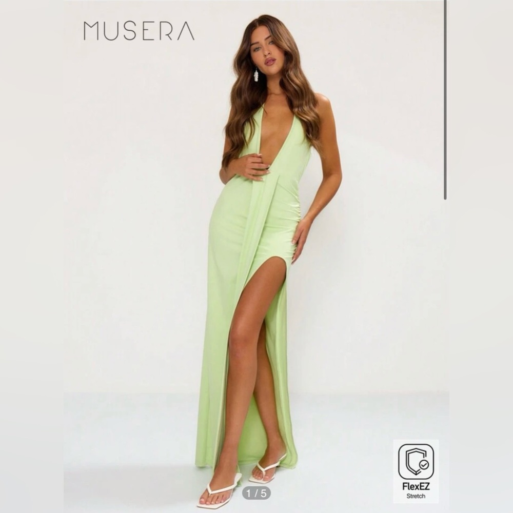 MUSERA Slinky Ruched Drape Front Maxi Dress. Bright lime green color. XS.